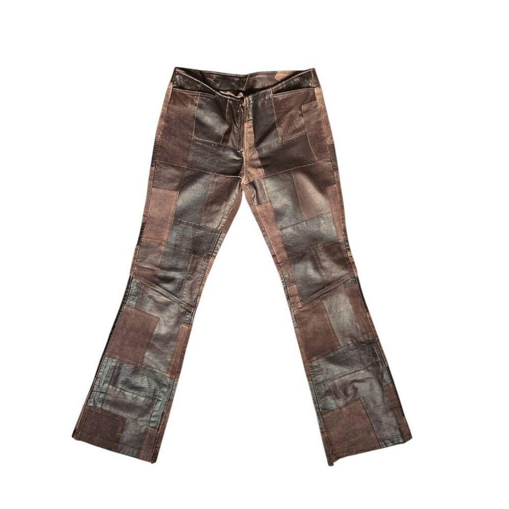 euro vintage patchwork leather flare pants